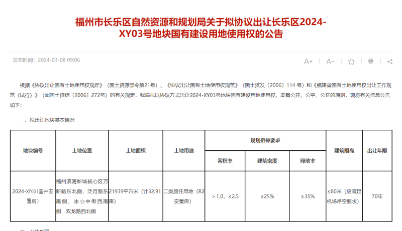 福州滨海新城核心区近33亩居住用地拟协议出让
